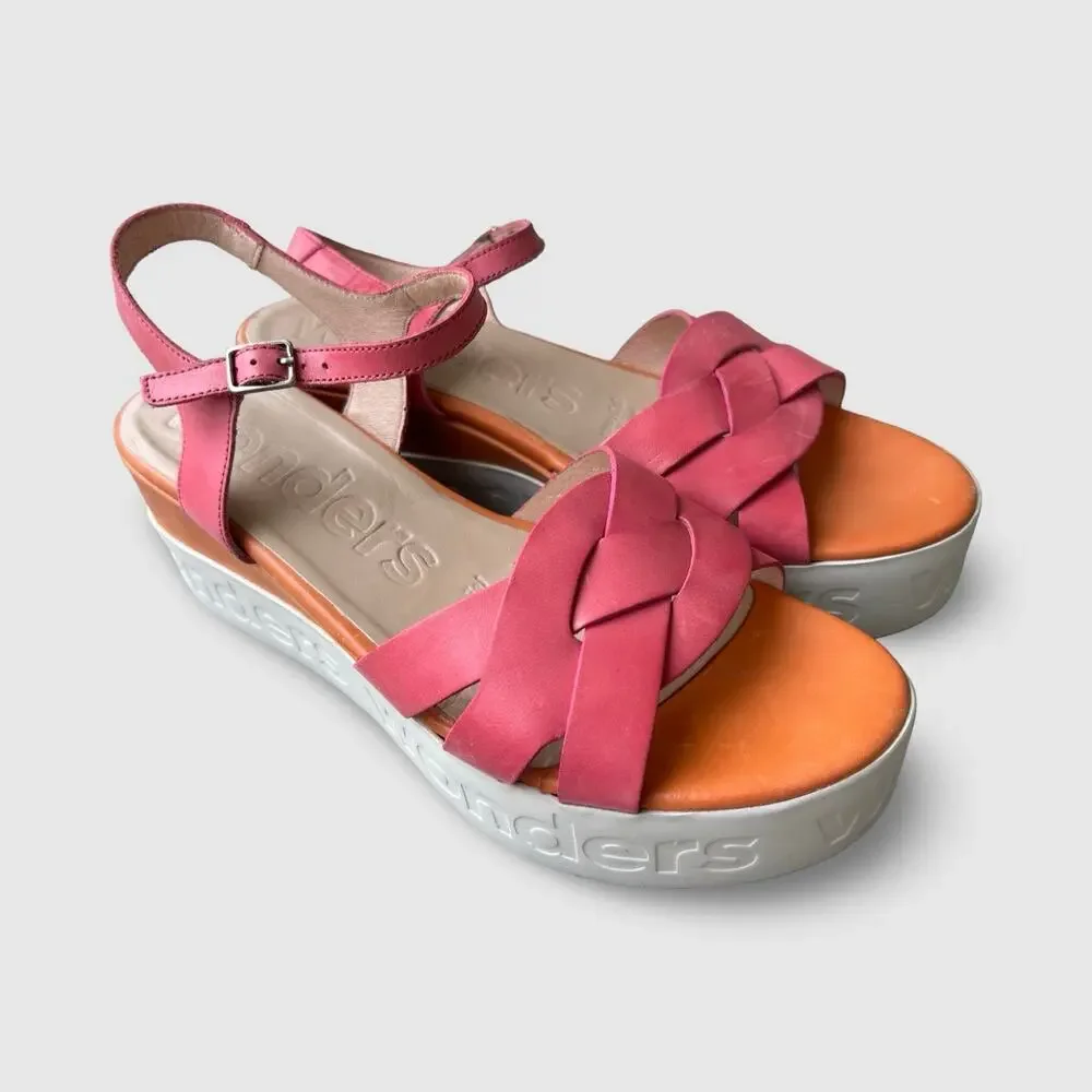 Wonders Fly Pink Leather Wedge Leather Sandals Women’s 41 Strappy Platform